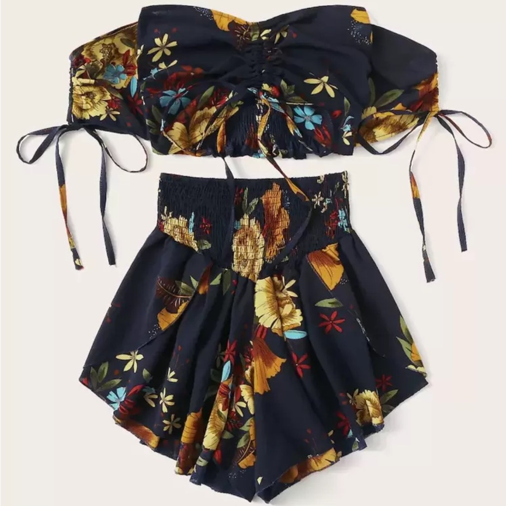 NWOT SHEIN Plus Off Shoulder Floral Print Shirred Top With Shorts Size 3XL